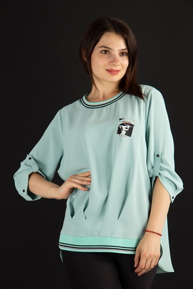 Elastic Bant Detail Pleated Printed Big Size Blouse - Mint Green