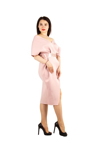 Elegant V Neck Wrap Scuba Slit Big Size Dress with Belt - Powder