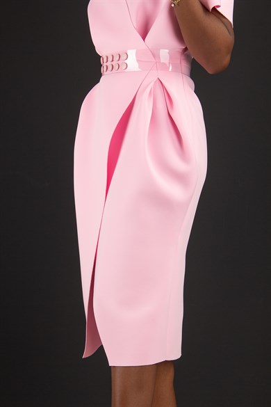 Elegant V Neck Wrap Scuba Slit Big Size Dress with Belt - Pink