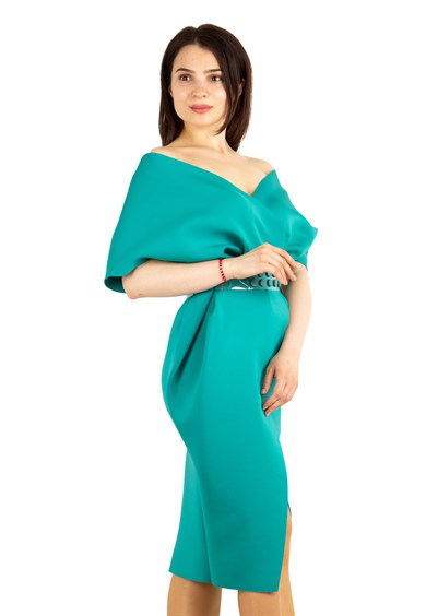 Elegant V Neck Wrap Scuba Slit Big Size Dress with Belt - Benetton Green