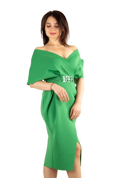 Elegant V Neck Wrap Scuba Slit Dress with Belted - Grass Green