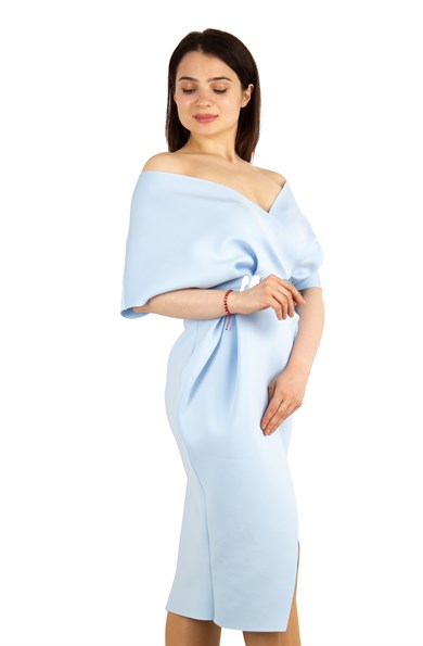 Elegant V Neck Wrap Scuba Slit Dress with Belted - Baby Blue