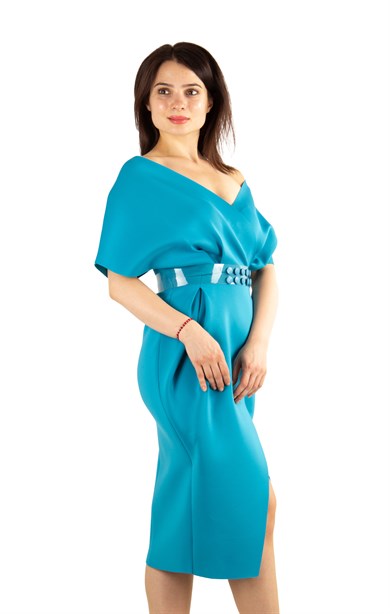 Elegant V Neck Wrap Scuba Slit Dress with Belted - Petrol Blue