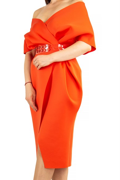 Elegant V Neck Wrap Scuba Slit Dress with Belted - Orange