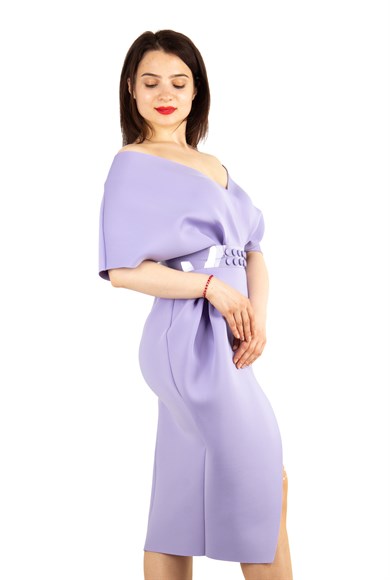 Elegant V Neck Wrap Scuba Slit Dress with Belted - Lilac