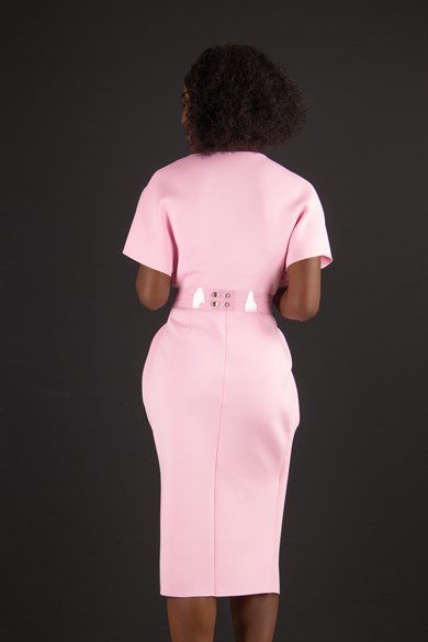Elegant V Neck Wrap Scuba Slit Dress with Belted - Pink