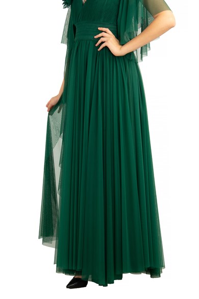 Flared Tulle Low-Cut Ruffled Sleeve Maxi Dress