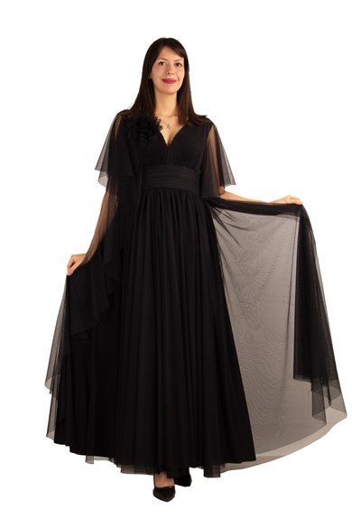 Flared Tulle Low-Cut Ruffled Sleeve Maxi Dress - Black