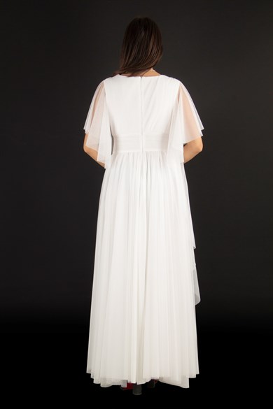 Flared Tulle Low-Cut Ruffled Sleeve Maxi Dress - White