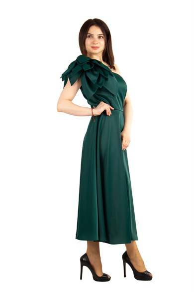 Flower and Diamond  Detail One Shoulder Satin Dress - Emerald Green