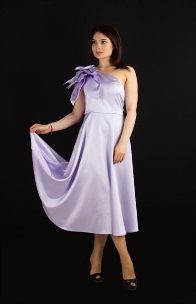 Flower and Diamond  Detail One Shoulder Satin Dress - Lilac
