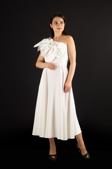Flower and Diamond  Detail One Shoulder Satin Dress - White