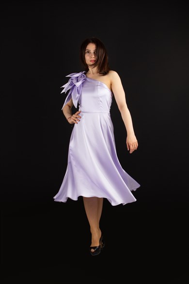 Flower and Diamond  Detail One Shoulder Satin Dress - Lilac