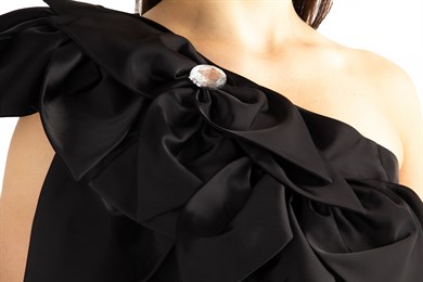 Flower and Diamond  Detail One Shoulder Satin Dress - Black