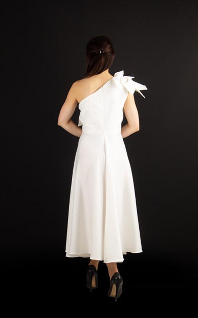Flower and Diamond  Detail One Shoulder Satin Dress - White