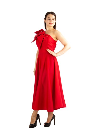 Flower and Diamond  Detail One Shoulder Satin Dress - Red
