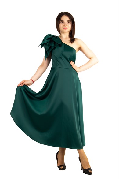 Flower and Diamond  Detail One Shoulder Satin Dress - Emerald Green