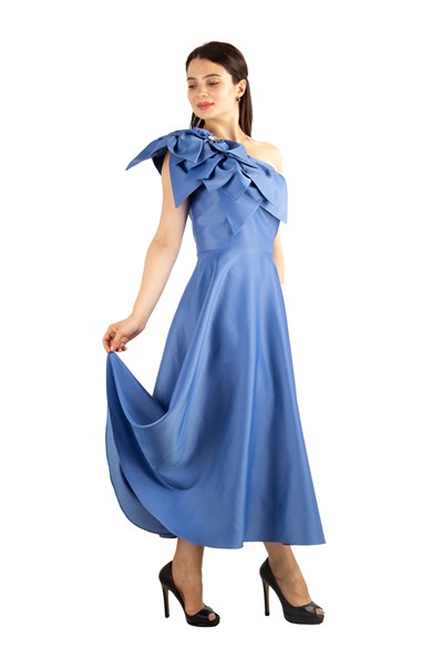 Flower and Diamond  Detail One Shoulder Satin Dress - Sky-Blue