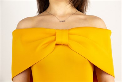 Folded Bow Neck Off Shoulder Ruffle Hem Scuba Dress - Mustard