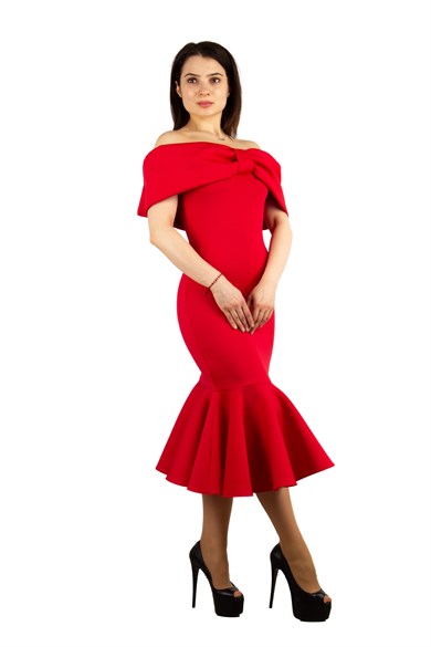 Folded Bow Neck Off Shoulder Ruffle Hem Scuba Dress - Red