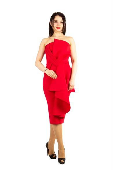 Front Detailed Draped Scuba Dress - Red