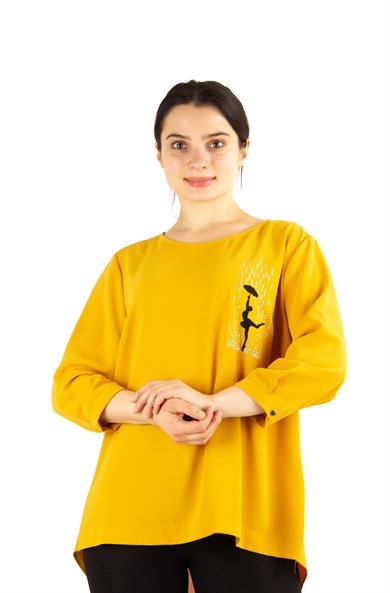 Girl With Umbrella Printed Big Size Bouse - Mustard
