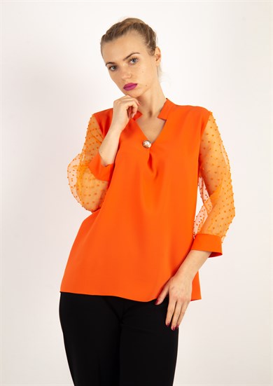Halaf Neck Lace Sleeve Blouse - Orange
