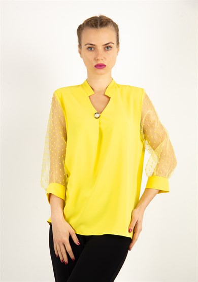 Halaf Neck Lace Sleeve Blouse - Yellow