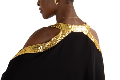 Halter Cold Shoulder Cape ​Sequin Dress - Black/Gold