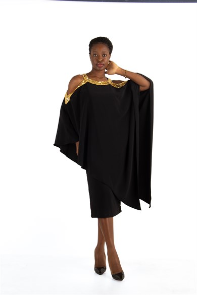 Halter Cold Shoulder Cape ​Sequin Dress - Black/Gold