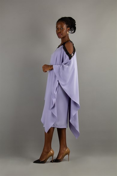 Halter Cold Shoulder Cape ​Sequin Dress - Lilac