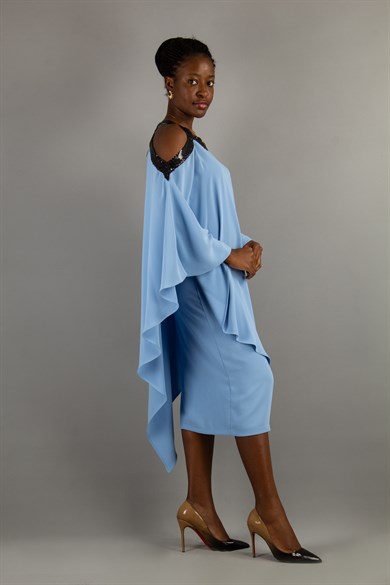 Halter Cold Shoulder Cape ​Sequin Dress - Baby Blue