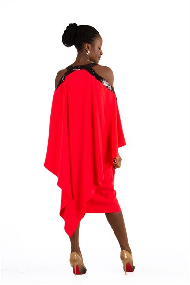 Halter Cold Shoulder Cape ​Sequin Dress - Red