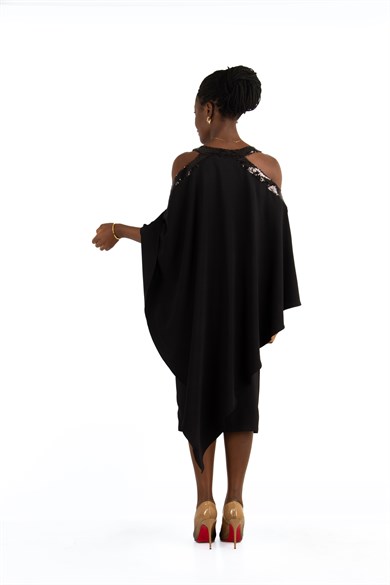 Halter Cold Shoulder Cape ​Sequin Dress - Black