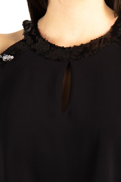 Halter Cold Shoulder ​Sequin Drape Dress - Black