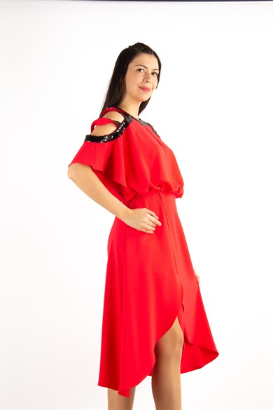 Halter Cold Shoulder ​Sequin Drape Dress - Red