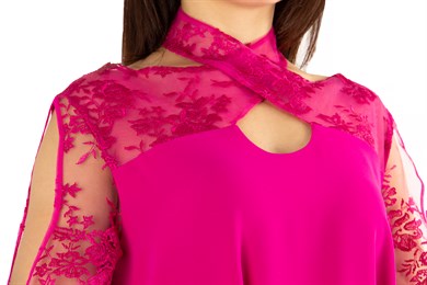 Halter Neck Lace Chest Midi Dress - Fuchsia