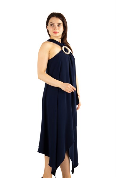 Halter O-Ring Center Slit Dress - Navy Blue
