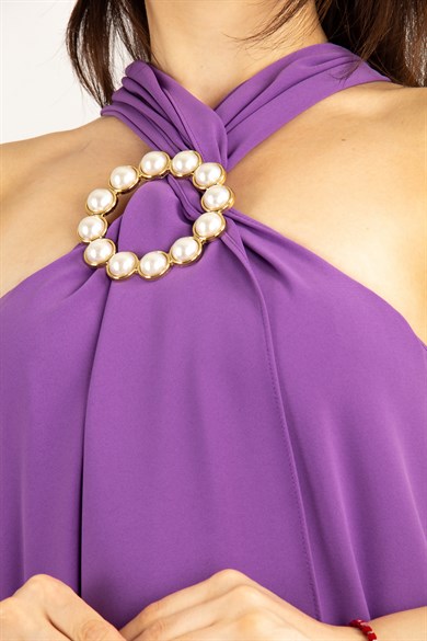 Halter O-Ring Center Slit Dress - Purple