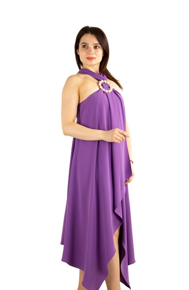 Halter O-Ring Center Slit Dress - Purple