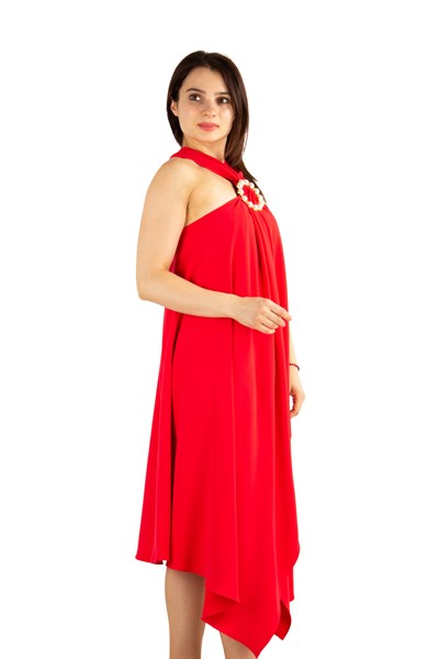 Halter O-Ring Center Slit Dress - Red