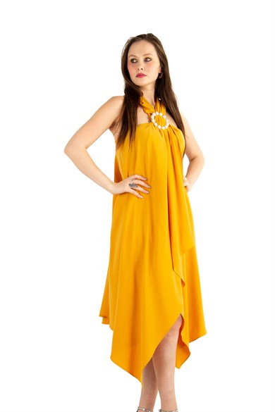 Halter O-Ring Center Slit Dress - Yellow