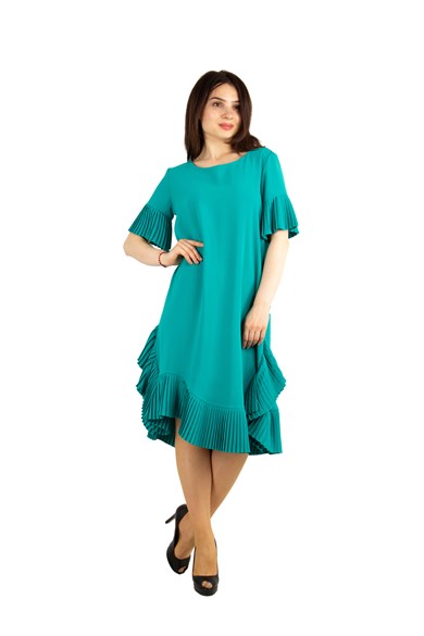 Hem and Sleeves Frilled Big Size Dress - Benetton Green