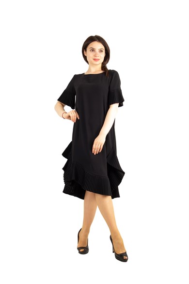Hem and Sleeves Frilled Big Size Dress - Black