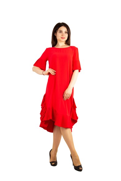 Hem and Sleeves Frilled Dress - Red