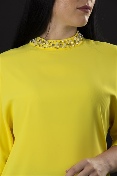 High Collar Stoned Neck Big Size Blouse