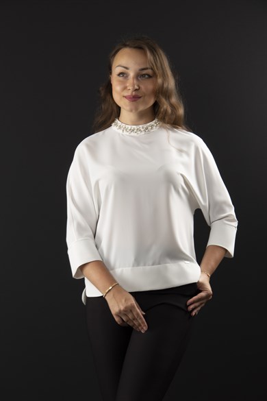 High Collar Stoned Neck Blouse - White