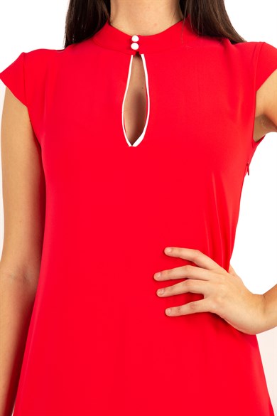 High Neck Low-Cut Cap Sleeve Maxi Dress - Red