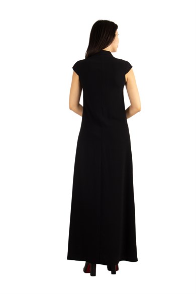 High Neck Low-Cut Cap Sleeve Maxi Dress - Black