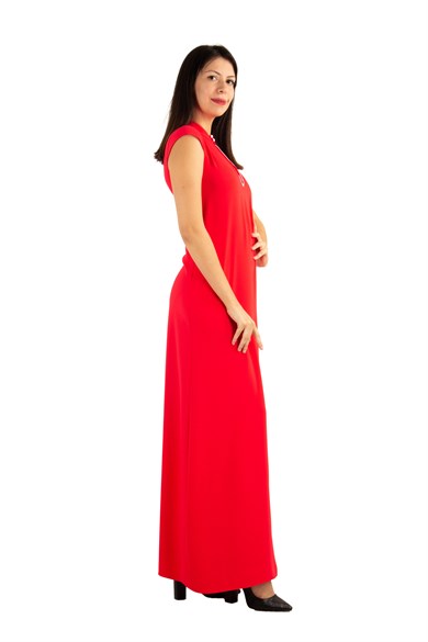 High Neck Low-Cut Cap Sleeve Maxi Dress - Red